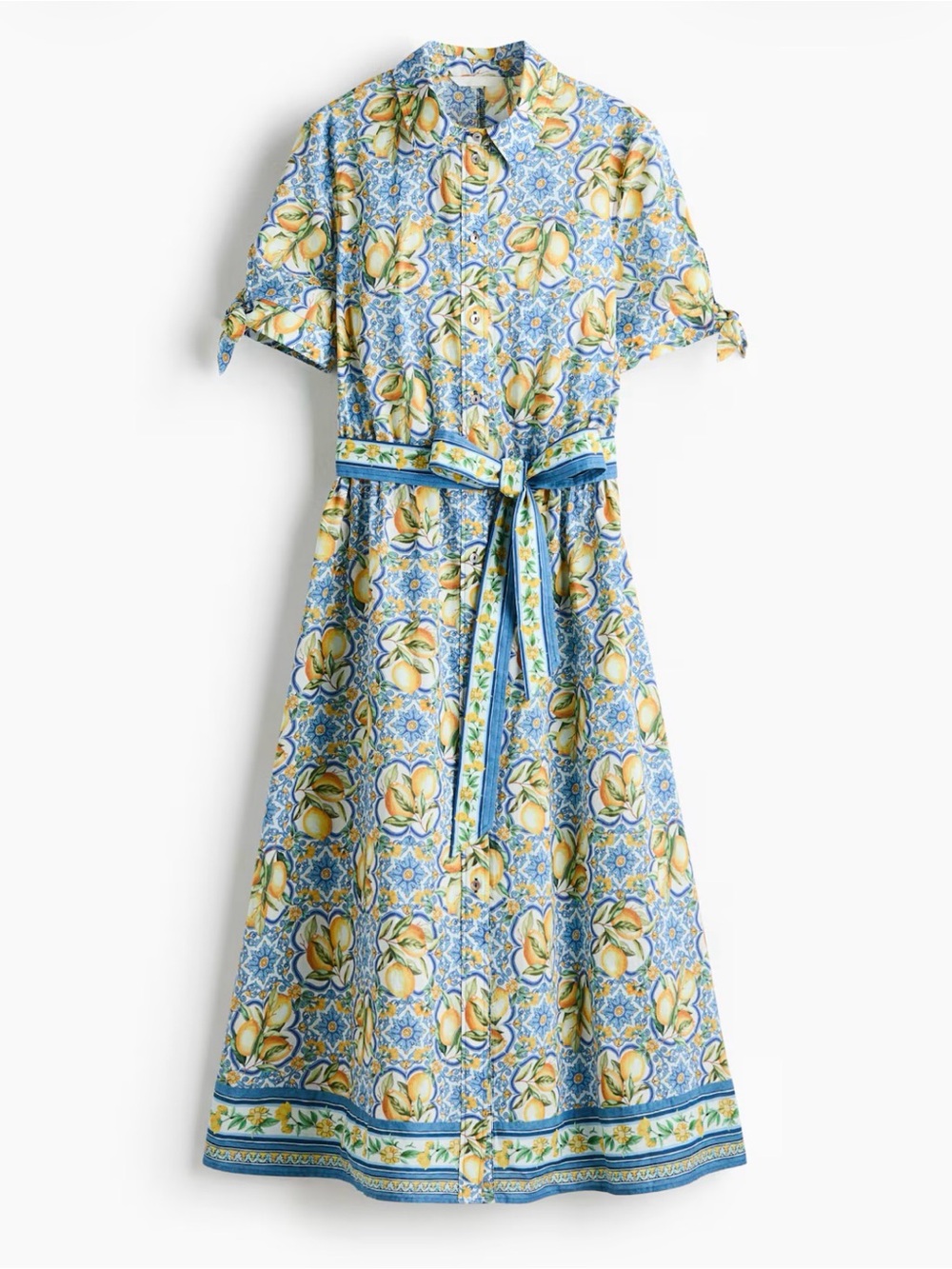 H&M Blue and Yellow Floral Midi Shirt Dress Lemon Print Cotton NWT Sz XL